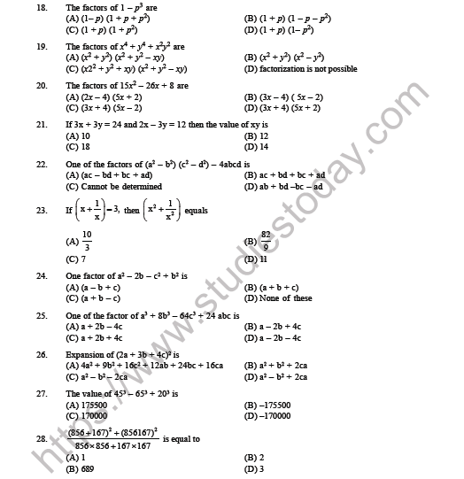 CBSE Class 8 Mathematics Factorisation MCQs, Multiple Choice Questions